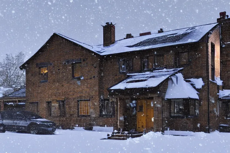 Prompt: cyberpunk, winter in the snow, an estate agent listing photo, external view of a 5 bedroom detached cyberpunk countryside house in the UK, by Paul Lehr