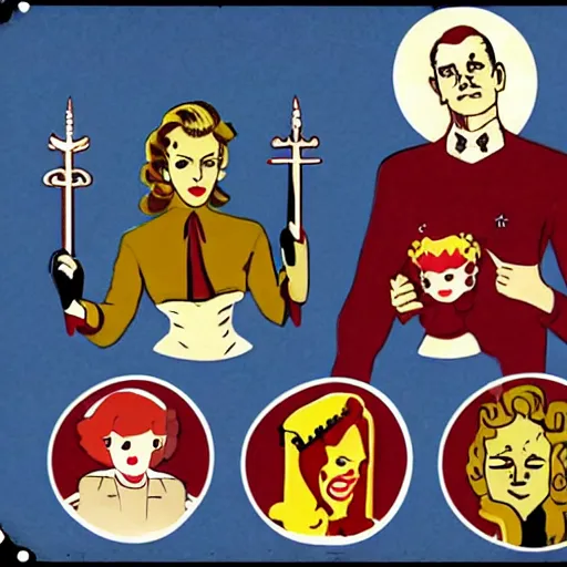 Image similar to Satanic States of America, alternate history, 1950s family, goth family, suburbia, Stepford home, occult symbols, sitcom screenshot