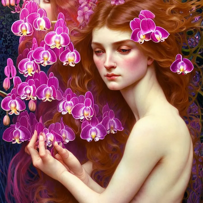 Image similar to psychedelic portrait of girl surrounded by orchids, diffuse lighting, fantasy, intricate, elegant, highly detailed, lifelike, photorealistic, digital painting, artstation, illustration, concept art, smooth, sharp focus, art by John Collier and Albert Aublet and Krenz Cushart and Artem Demura and Alphonse Mucha