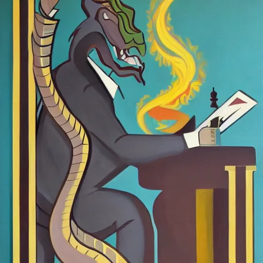 Image similar to an oil painting in the style of art deco of a dragon in a suit smoking a cigar while sitting at a chess table