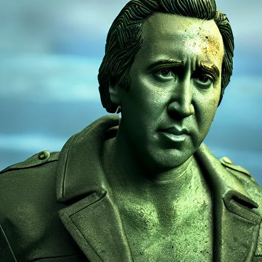 Image similar to Nicolas Cage mossy statue, green moss all over, bottom of the ocean, deep ocean, bottom of ocean, dark, 35mm, fish, 4k, detailed, photorealistic, photo, unreal engine 5,