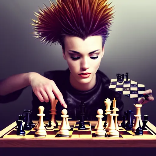 Image similar to androgynous person with spiky hair, wearing very complex steampunk armor, playing chess, oil painting, soft style, hyperrealism, beautiful, high resolution, trending on artstation