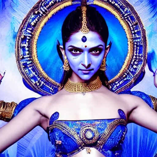 Image similar to extremely beautiful deepika padukone as a blue - skinned indian goddess with six arms, symmetric, aesthetic!!!, cosplay, studio lighting, beautiful symmetric face, clean composition, highly symmetric body parts, gazing eyes, blue skin, blue body paint