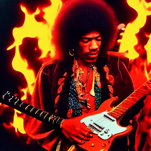 Prompt: jimi hendrix as nendoroid guitar on fire, 8 k hd dof, cinestill 8 0 0 t,