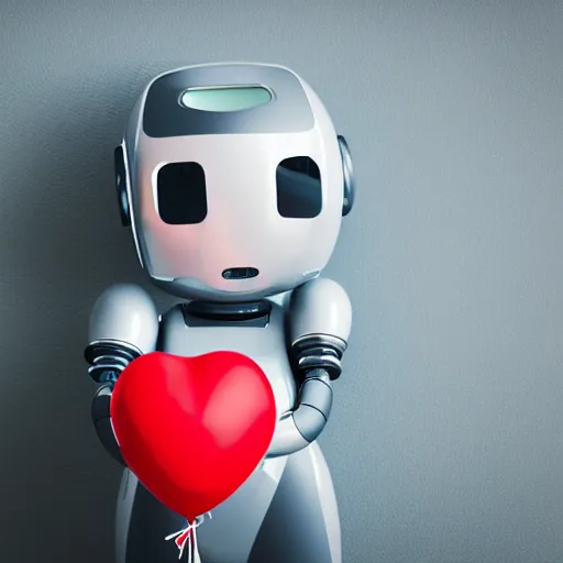 Image similar to a cute robot holding heart balloons photorealistic