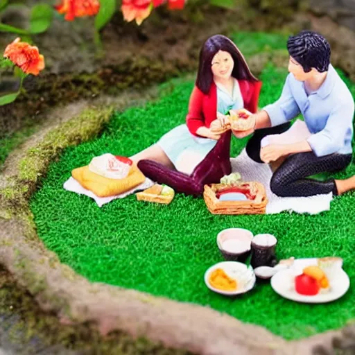 Prompt: a miniature diorama model of a couple having a picnic in a Tokyo park