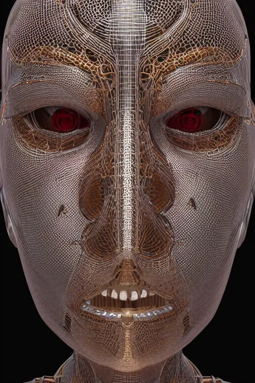 Image similar to intricate 3d render, ultra detailed, of a complex robotic human face, 3 point lighting, blue rim light, silver gold red details, hexagonal mesh wire, filigree intricate details, hyperrealistic, anatomical, robotic parts, fleshy muscalature, elegant, octane render, 8k post-processing