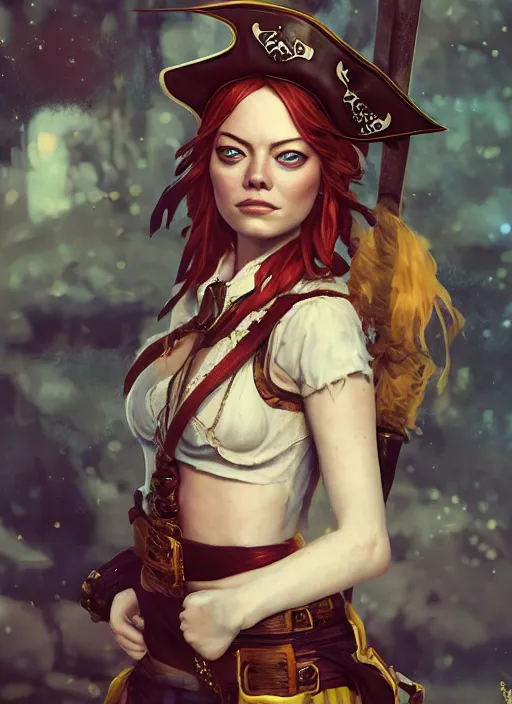 Prompt: emma stone is a pirate captain, hyper detailed, digital art, trending in artstation, cinematic lighting, studio quality, smooth render, unreal engine 5 rendered, octane rendered, art style by klimt and nixeu and ian sprigger and wlop and krenz cushart.