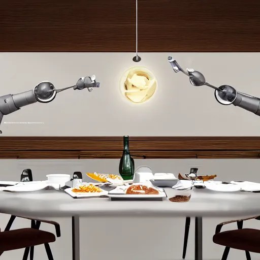 Prompt: three large white glossy kuka industrial robot arms on the floor around a dinner table, the kuka industrial robot arms are wearing bow ties, the table is full of food, they are having dinner inside a fine dining restaurant with mid century modern furniture and decor, global illumination, artstation, fantasy