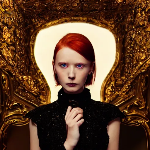 Image similar to redhead girl in black dress in beautiful castle, black pearls and golden gems, glowing eyes, light freckles, portrait, conceptart, medium shot, unreal, octane, symmetrical, photorealism