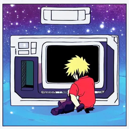 Prompt: An anime character watching a VHS on a CRT TV on a spaceship, lo-fi, artstation