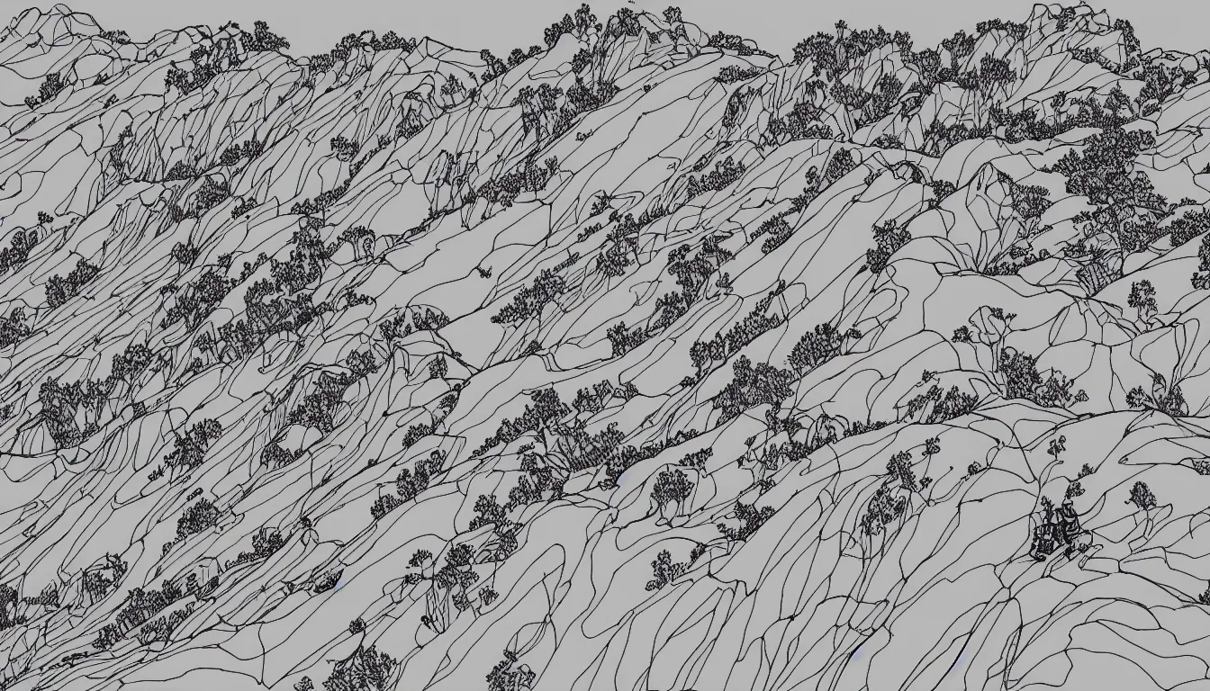 Prompt: backpacking over mountain ridgeline, minimalist line art by moebius, clean long lines, ultra detailed