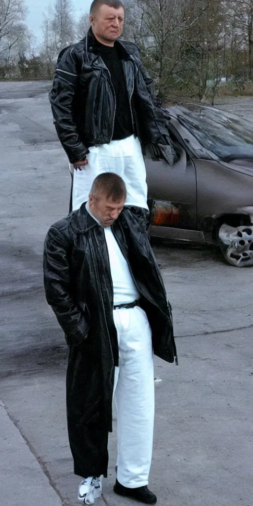 Image similar to sad russian middle aged man. black leather jacket, white adidas pants. extreme long shot. amateur photo from 2006