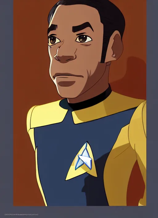 Image similar to cute star trek officer lenny henry, natural lighting, path traced, highly detailed, high quality, digital painting, by don bluth and ross tran and studio ghibli and alphonse mucha, artgerm