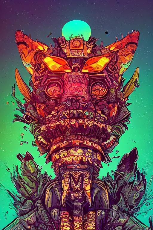 Image similar to totem animal tribal chaman vodoo mask feather gemstone plant wood rock video game illustration vivid color borderlands by josan gonzales and dan mumford radiating a glowing aura