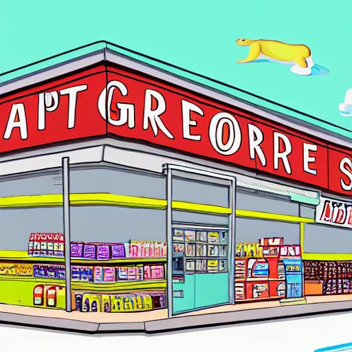 Image similar to an incredibly realistically drawn grocery store with a giant fat cartoon rabbit scp inside.