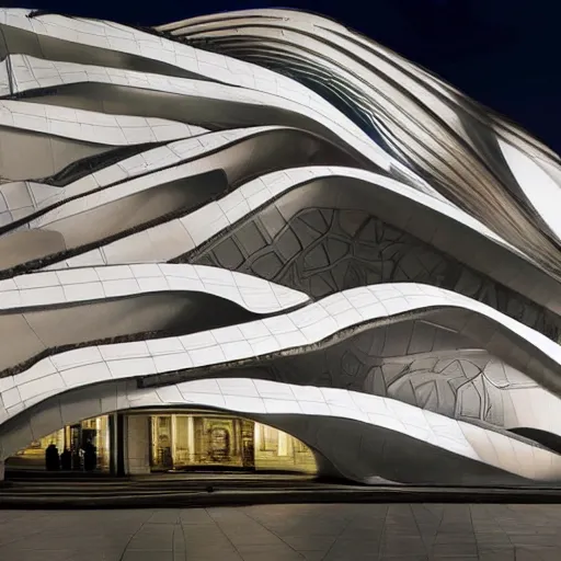 Image similar to extremely detailed ornate stunning beautiful elegant futuristic museum exterior by Zaha Hadid