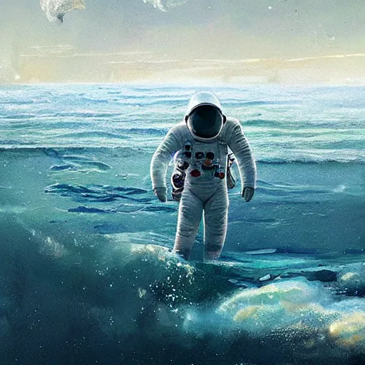 Image similar to an astronaut lost in the ocean,digital art,detailed,ultra realistic,art by greg rutkowski