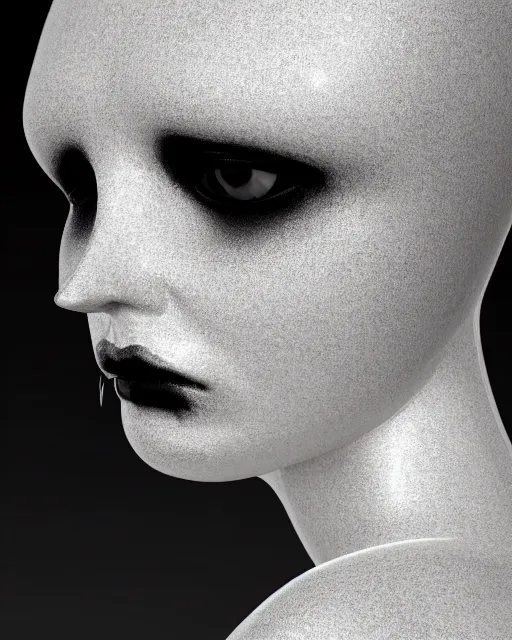 Prompt: black and white dreamy foggy smoky profile face portrait, one silver steampunk realistic eye biomechanical beautiful young female cyclope - cyborg - robot bust, body ribs meshes,, volumetric light, hibiscus flowers, by hg giger man ray, rim light, big gothic fashion pearl embroidered collar, 8 k