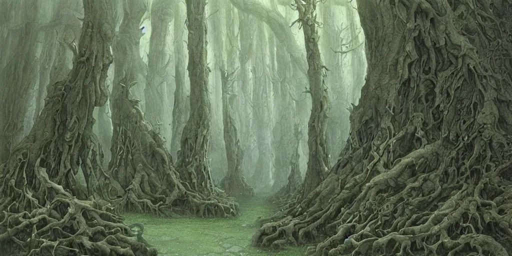 Prompt: artwork by john howe of a forest of grim catalpas