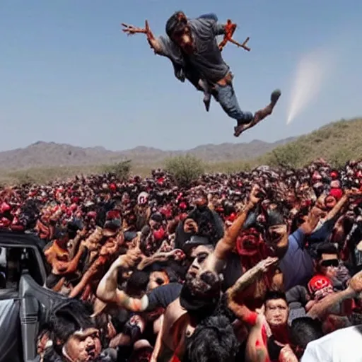 Image similar to thousands of zombified Mexicans attempt to climb Donald Trump’s Mexican border wall, he sprays his minigun at them wildly with rage