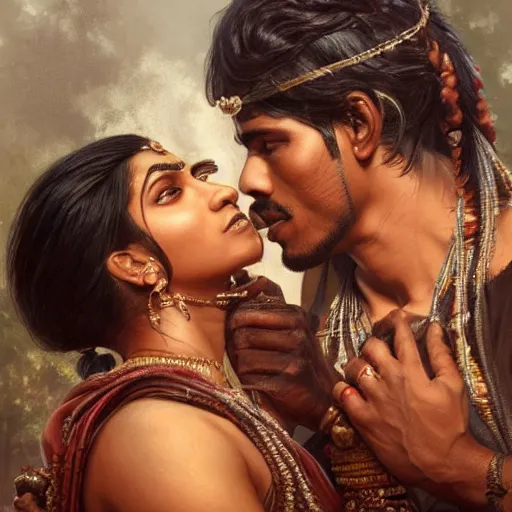 Prompt: portrait painting of dark muscular indian couple kissing, ultra realistic, concept art, intricate details, eerie, highly detailed, photorealistic, octane render, 8 k, unreal engine. art by artgerm and greg rutkowski and alphonse mucha