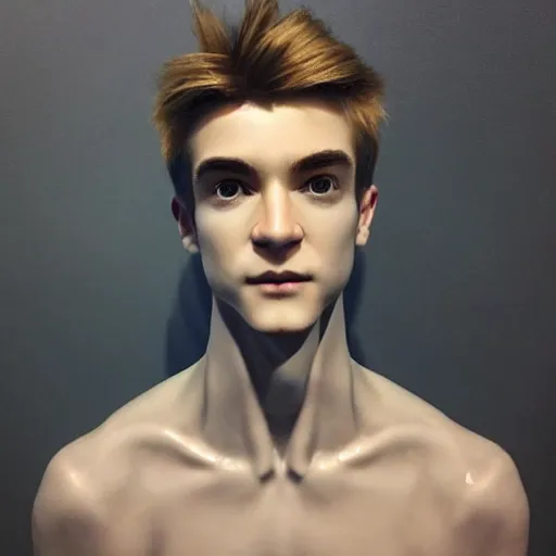 Image similar to “a realistic detailed photo of a guy who is an attractive humanoid who is half robot and half humanoid, who is a male android, twitch streamer Ninja Tyler Blevins, shiny skin, posing like a statue, blank stare”