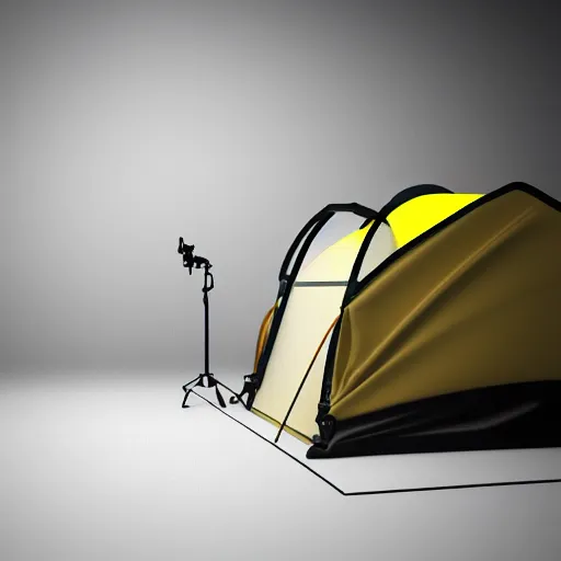 Image similar to photo studio with foggy background. yellow tent on floor. fisherman in balenciaga cloth, plastic bag and black mask. photorealistic high resolution, redshift render, 8 k