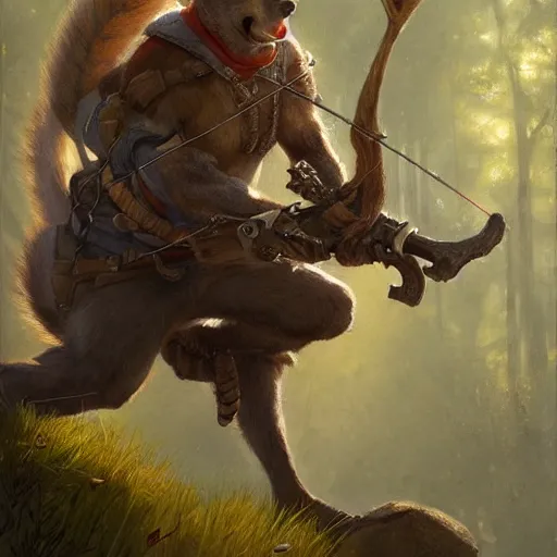 Prompt: a squirrel archer, Justin Gerard and Greg Rutkowski, realistic painting, Digital art, very detailed, High definition, trending on Artstation