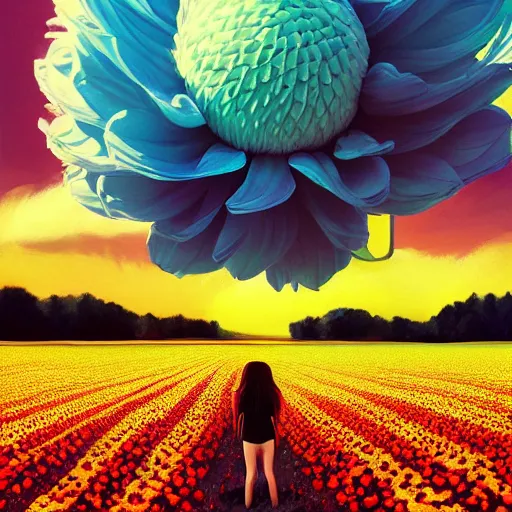 Prompt: giant dahlia flower head, full body girl standing in a flower field, surreal photography, sunrise, dramatic light, impressionist painting, colorful clouds, digital painting, artstation, simon stalenhag