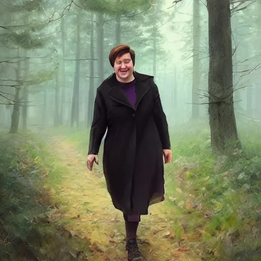 Prompt: supreme court justice elena kagan going for a walk in the woods, realistic face, digital art by ruan jia and mandy jurgens and artgerm, highly detailed, trending on artstation, award winning