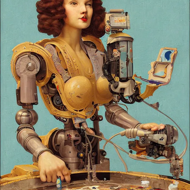 Image similar to robot artist painting a self - portrait on a canvas. intricate, highly detailed, digital matte painting, in the style of alexandros pyromallis, and in the style of sachin teng, and in the style of hans thoma, and in the style of gil elvgren. irony, recursion, inspiration, art nouveau.