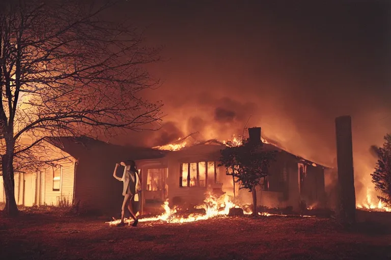 Prompt: Gregory Crewdson full color Photography, A woman walks calmly while her house is on fire, atmospheric lighting , at night