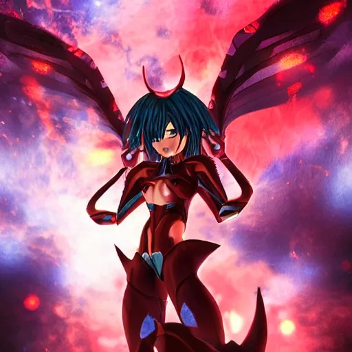 Image similar to portrait focus of a very hot!!! demon 3D anime girl, Obsidian armor wearing, dark volcano background, ash falling, bokeh, inspired by Masami Kurumada, digital painting, high contrast, unreal engine render, volumetric lighting, high détail