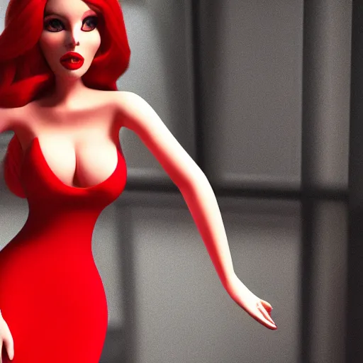 Image similar to photography beautiful flawless jessica rabbit in her red dress, femme fetal, darkroom, dramatic high contrast lighting like sin city, ultra - realistic, intricate detail, 8 k, octane render