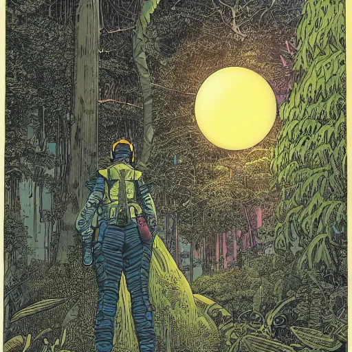 Image similar to Stunningly intricate illustration of single cyberpunk explorer overlooking lush forest, highly detailed, midnight, small glowing orbs by Moebius,