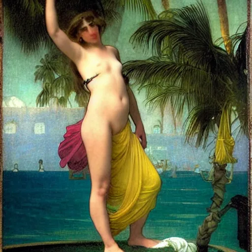 Prompt: Girl throwing gand signs at the palace, thunderstorm, pool, beach and palm trees on the background major arcana sky, by paul delaroche, alphonse mucha and arnold böcklin arnold böcklin hyperrealistic 8k, very detailed