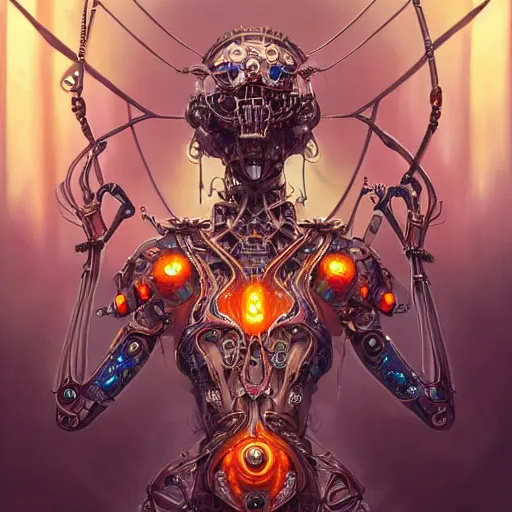 Image similar to biomechanical spider king, cyberpunk, bionics, augments, lights, cables, elegant gleaming intricate baroque jewellery, colorful, vivid, imposing, epic, digital painting, artstation, concept art, by peter mohrbacher and wlop and rhads,