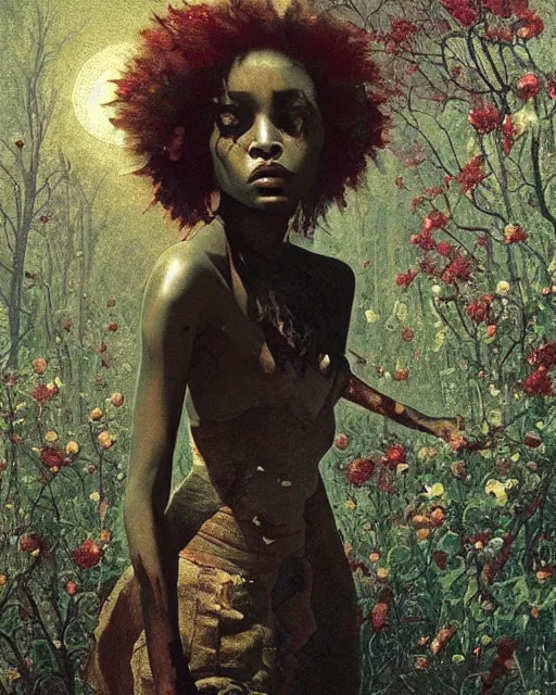 Prompt: a beautiful but creepy young black woman in layers of fear, with haunted eyes, violence in her eyes, wearing a punk outfit, 1 9 7 0 s, seventies, delicate embellishments, a little blood, woodland, moonlight shining on wildflowers, painterly, offset printing technique, by alexandre cabanel