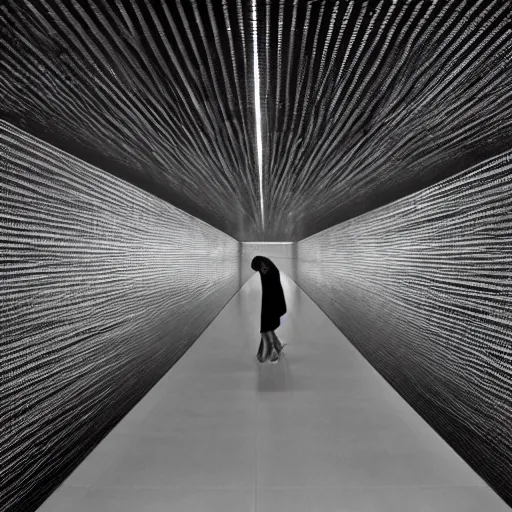 Image similar to rain room, art installation at the moma, extremely detailed, black and white photograph