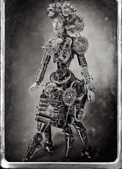 Image similar to old wetplate daguerreotype portrait of a futuristic silver armored headless marie antoinette cyborg, fractal, intricate, elegant, highly detailed, parallax, leica, medium format, subsurface scattering, by jheronimus bosch and greg rutkowski and louis jacques mande daguerre