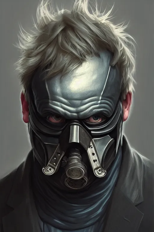 Image similar to Boris Johnson as a Bane from Dark Knight, Boris Johnson hairstyle, realistic portrait, symmetrical, highly detailed, digital painting, artstation, concept art, smooth, sharp focus, illustration, cinematic lighting, art by artgerm and greg rutkowski and alphonse mucha