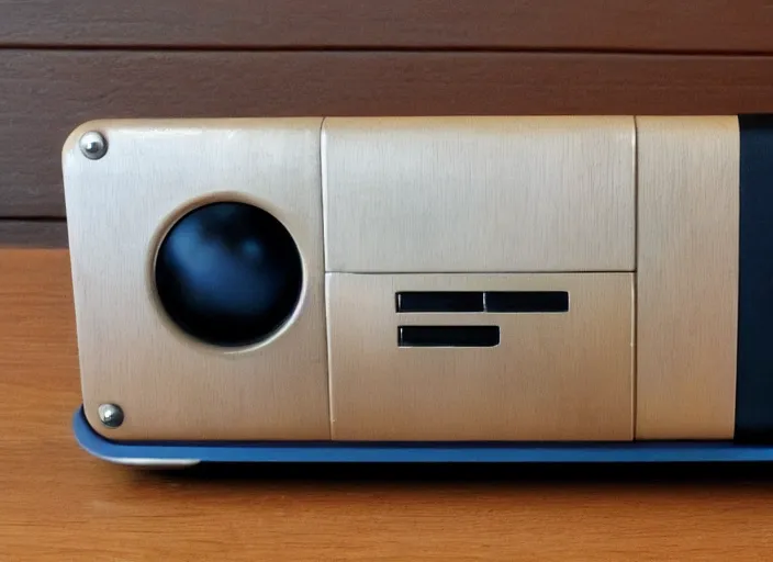 Prompt: retro futurist design of a console by nintendo, black bakelite, wooden casing, aluminium