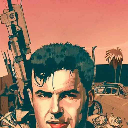 Image similar to a colorful comic noir illustration of billy zane in a mad max scene in a post - apocalyptic city decaying in the desert by queens of the stone age, by sachin teng, dark vibes, pastel lighting, cinematic, depth of field, 8 k, high contrast