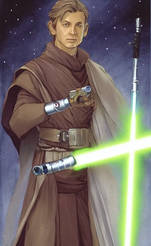 Prompt: a bittersweet depiction of the character as a jedi, with a characteristic item of clothing, using a medieval european style lightsaber, featuring a limited color palette by doug chiang