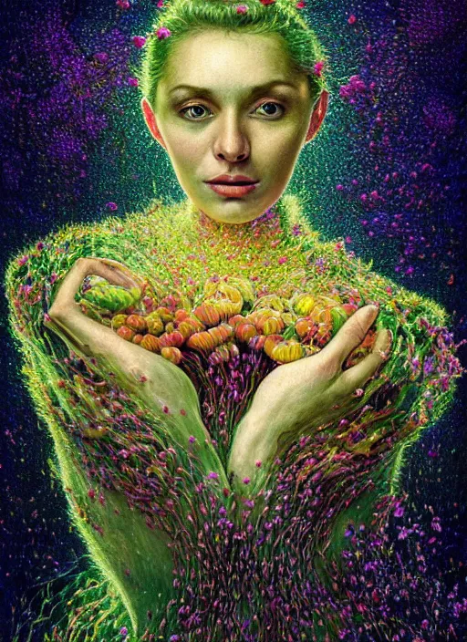 Image similar to hyper detailed 3d render like a Oil painting - Aurora (Singer) Eats of the Strangling Fruit of penance and Her Hands full of gossamer polyp blossoms bring iridescent fungal flowers whose spores black the foolish stars by Jacek Yerka, Mariusz Lewandowski, Houdini algorithmic generative render, Abstract brush strokes, Masterpiece, Edward Hopper and James Gilleard, Zdzislaw Beksinski, Mark Ryden, Wolfgang Lettl, hints of Yayoi Kasuma, octane render, 8k