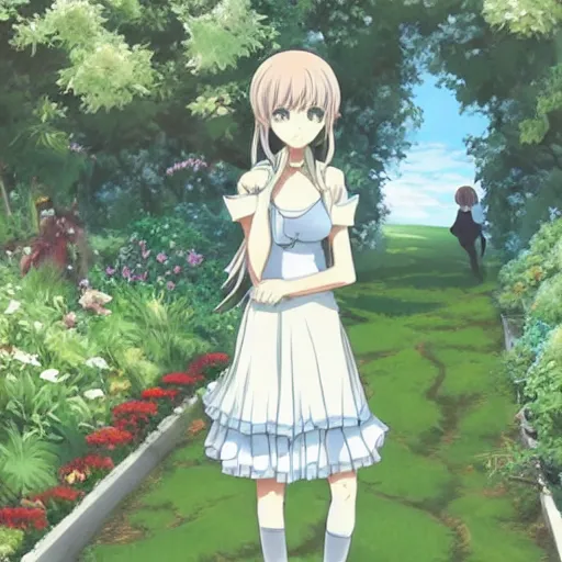 Prompt: cute art of a beautiful anime girl walking in the garden, aesthetically pleasing, detailed,