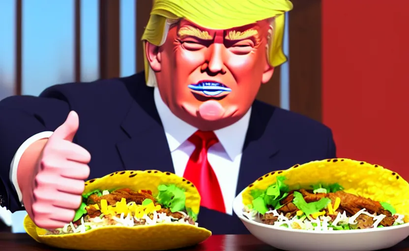 Image similar to beautiful makoto shinkai style digital film still portrait of donald trump giving a thumbs up behind a taco bowl, 4 k, 8 k, hd, high resolution, highly detailed, intricate detail, ultra realistic faces, digital art, trending on artstation, your name, weathering with you