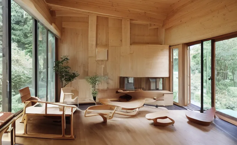 Image similar to luxurious wooden cottage by alvar aalto, modern japanese living room, japanese flower arrangements, coherent composition, architecturally accurate, architecture photography