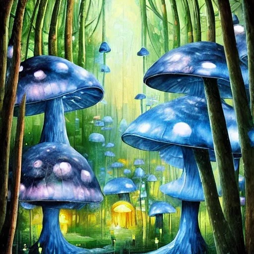 Image similar to blue glowing mushroom houses in a forest village, mushroom architecture, art by ricardo bofill, james christensen, rob gonsalves, paul lehr, leonid afremov and tim white